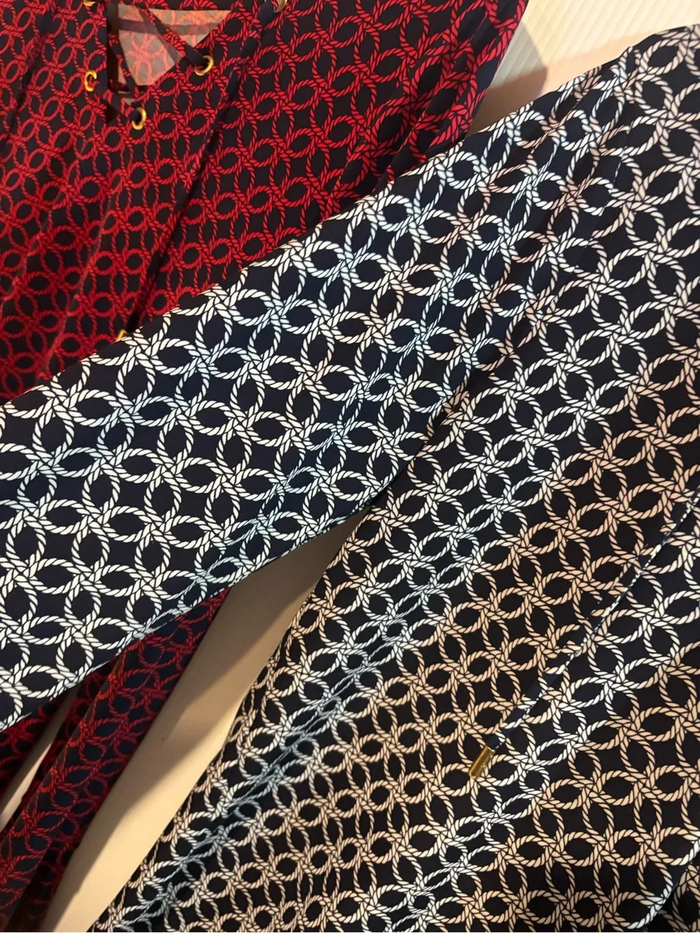 2 Michael Kors Red and Black/ Navy and White Lace-Up Geometric Pattern Tunic